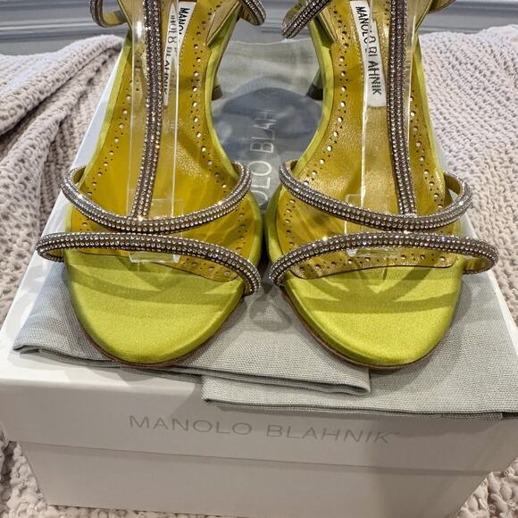 Manolo Blahnik Lucecry Satin Yellow Green Crystal Strappy High Heel Sandals 38 - Picture 6 of 11